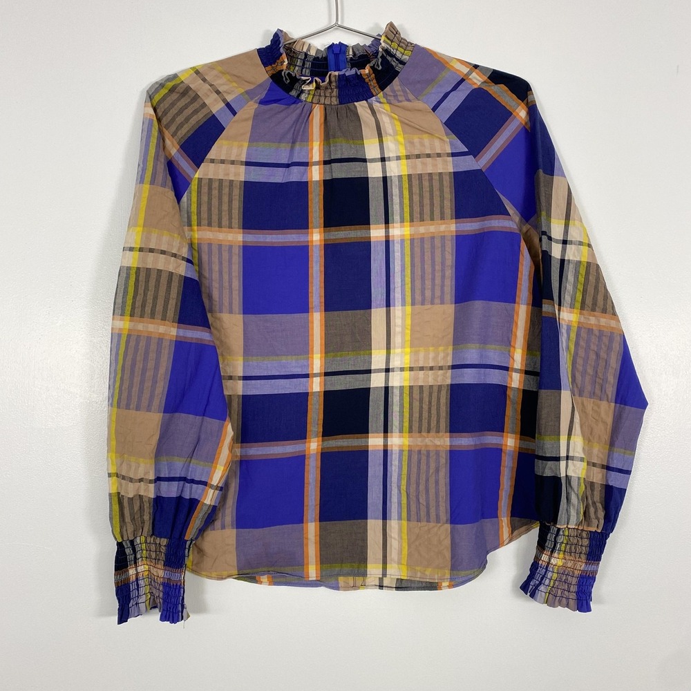 Ann Taylor Shirt Womens Large Petite Blue Plaid Ruffle MockNeck Cotton Patchwork